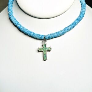 Unique Artisan Blue Polymer Clay Heishi Bead Aqua Pewter Cross Necklace